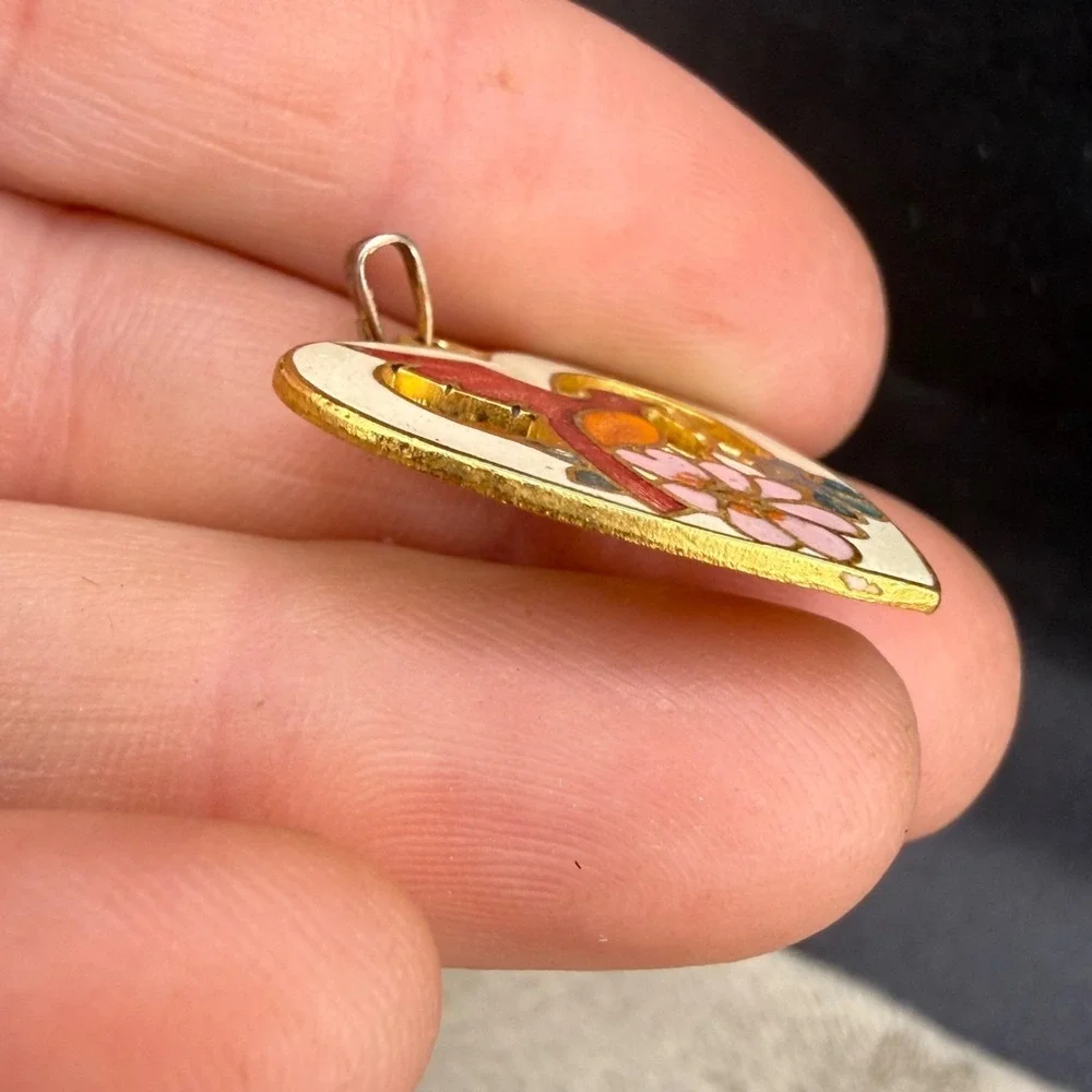Vintage Cloisonne Enamel Heart Brooch Pendant Lot Gold‎ Tone